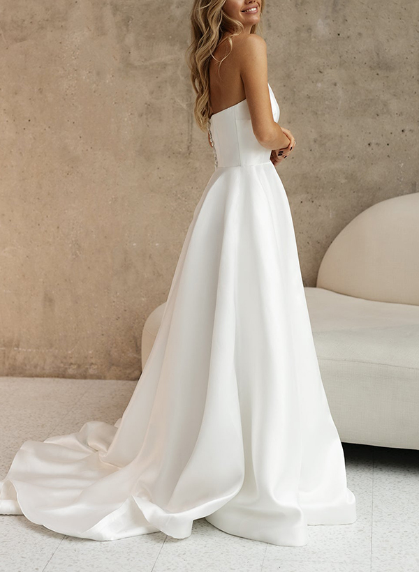 A-Line Strapless Sleeveless Sweep Train Elegant Satin Wedding Dresses