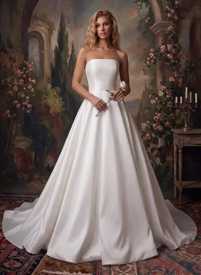 A-Line Strapless Sleeveless Sweep Train Elegant Satin Wedding Dresses