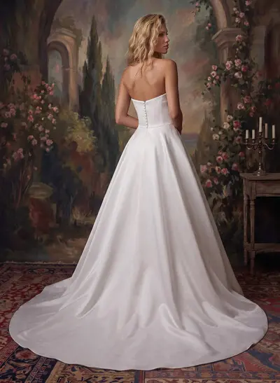 A-Line Strapless Sleeveless Sweep Train Elegant Satin Wedding Dresses