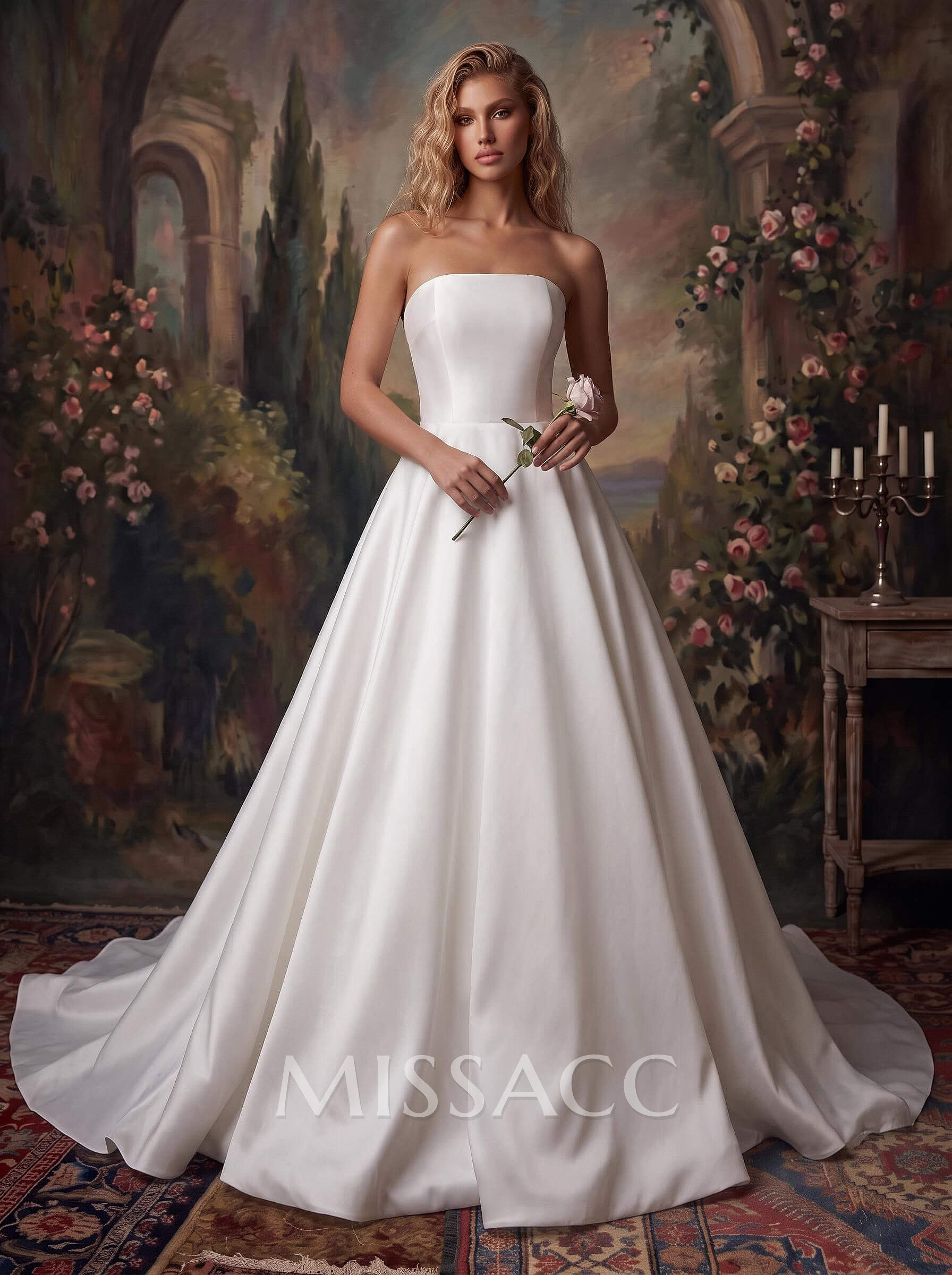 A-Line Strapless Sleeveless Sweep Train Elegant Satin Wedding Dresses