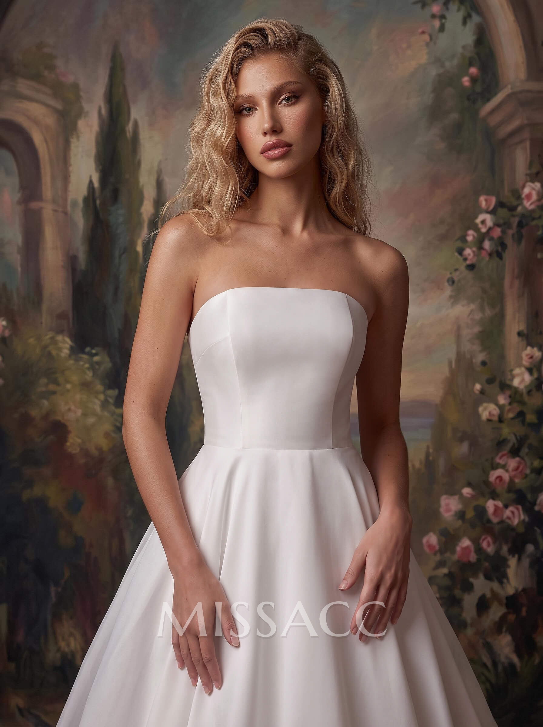 A-Line Strapless Sleeveless Sweep Train Elegant Satin Wedding Dresses