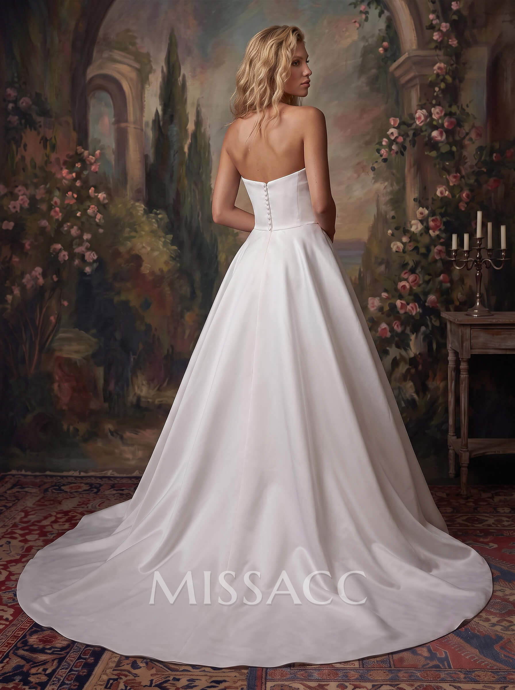 A-Line Strapless Sleeveless Sweep Train Elegant Satin Wedding Dresses