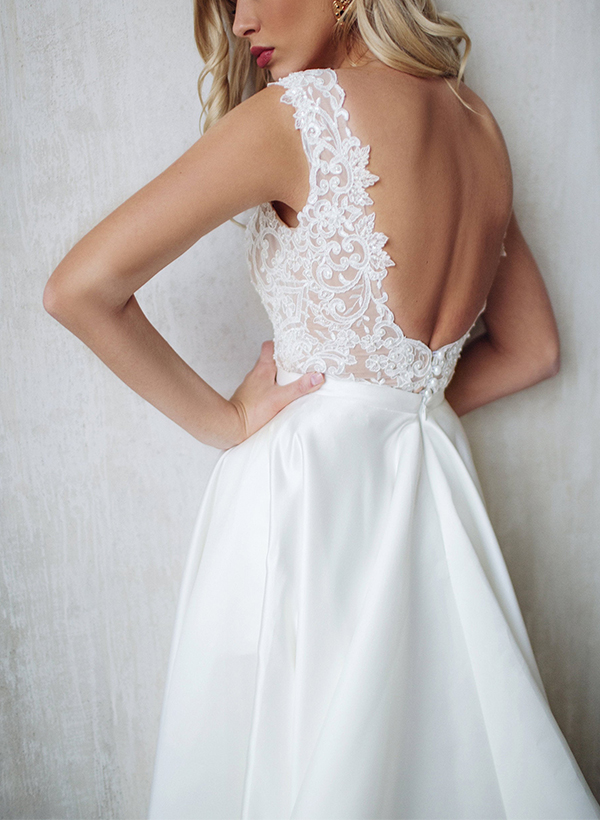 A-Line V-Neck Sleeveless Elegant Lace/Satin Wedding Dresses
