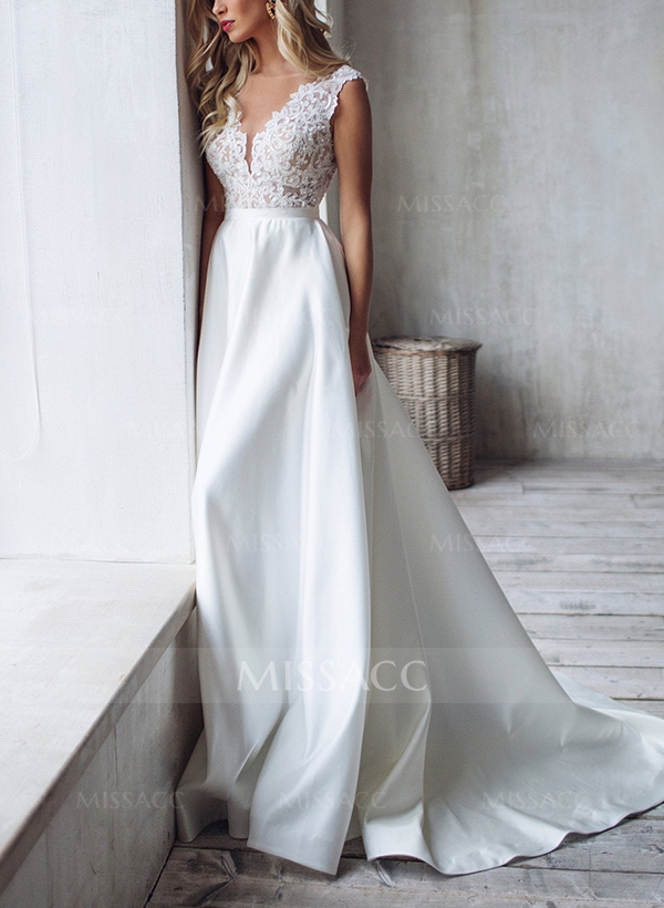 A-Line V-Neck Sleeveless Elegant Lace/Satin Wedding Dresses