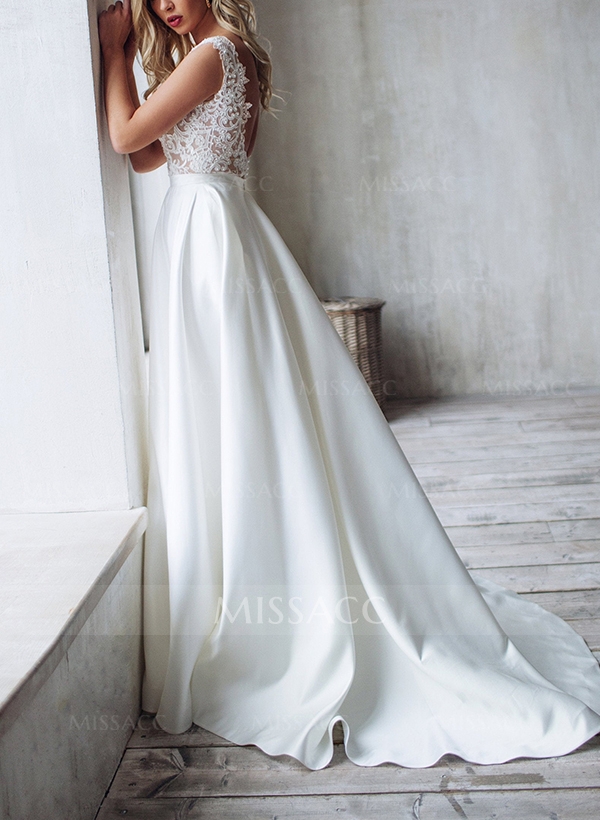 A-Line V-Neck Sleeveless Elegant Lace/Satin Wedding Dresses