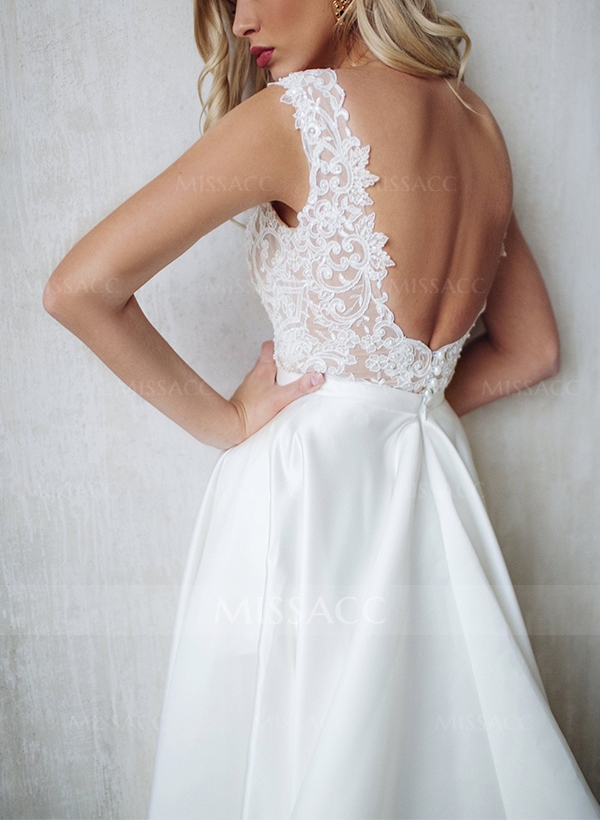 A-Line V-Neck Sleeveless Elegant Lace/Satin Wedding Dresses