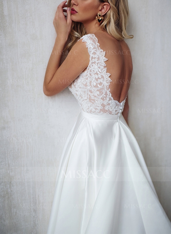 A-Line V-Neck Sleeveless Elegant Lace/Satin Wedding Dresses