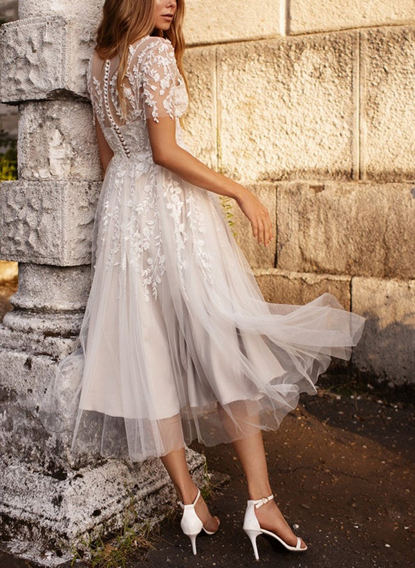 A-Line Illusion Neck Short Sleeves Elegant Tulle With Appliques Lace