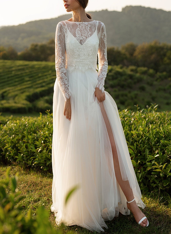 A-Line Scoop Neck Long Sleeves Lace/Tulle Wedding Dresses With Split Front