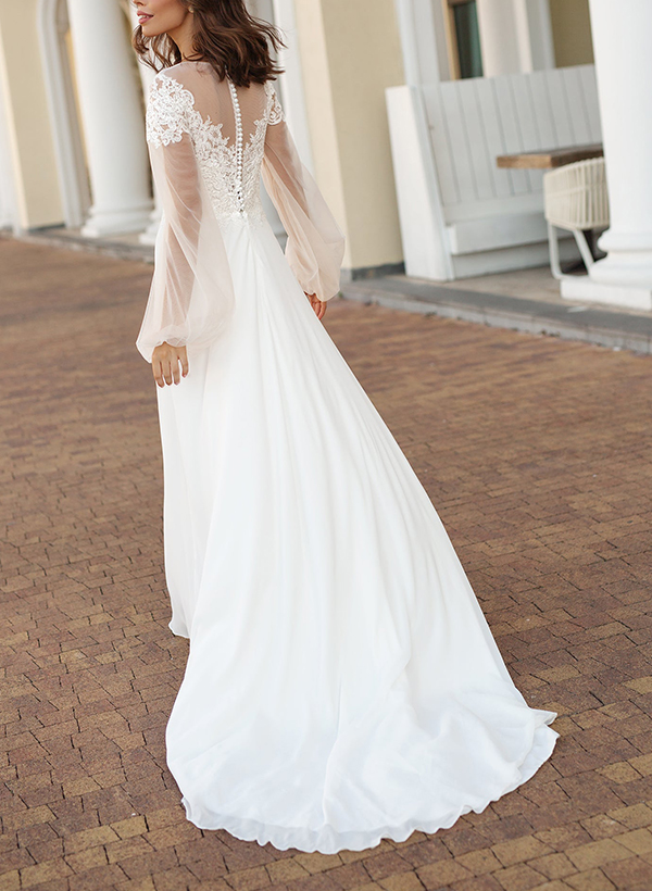 A-Line Illusion Neck Long Sleeves Tulle Wedding Dresses With Appliques Lace