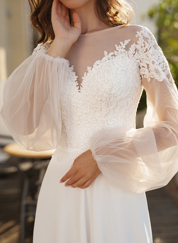 A-Line Illusion Neck Long Sleeves Tulle Wedding Dresses With Appliques Lace