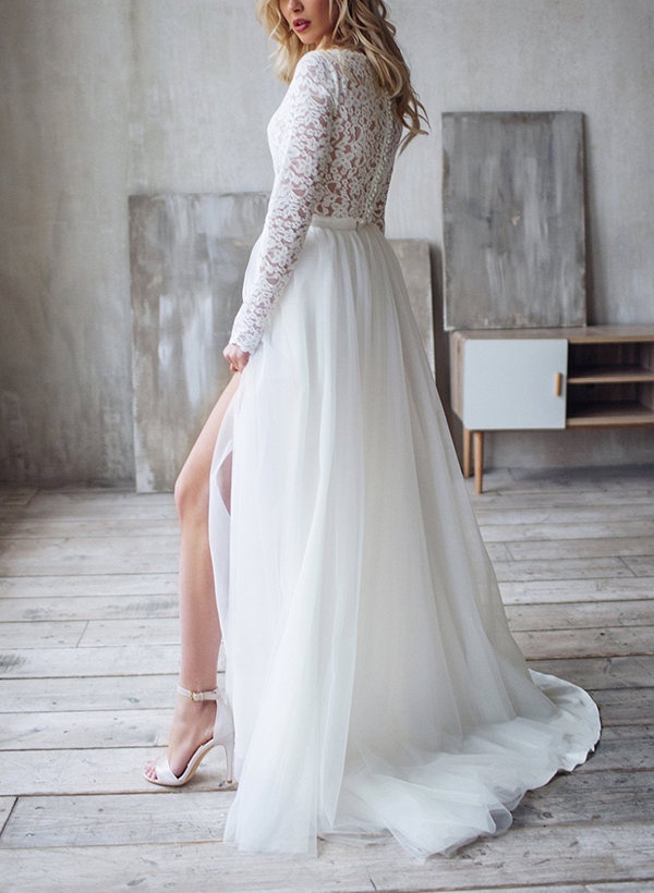 A-Line Scoop Neck Long Sleeves Lace/Tulle Wedding Dresses With Split Front