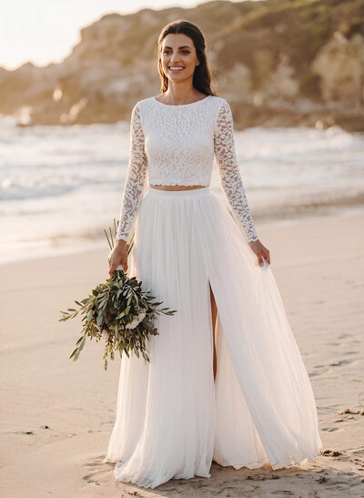 A-Line Scoop Neck Long Sleeves Lace/Tulle Wedding Dresses With Split Front