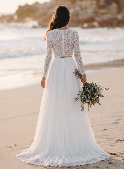A-Line Scoop Neck Long Sleeves Lace/Tulle Wedding Dresses With Split Front
