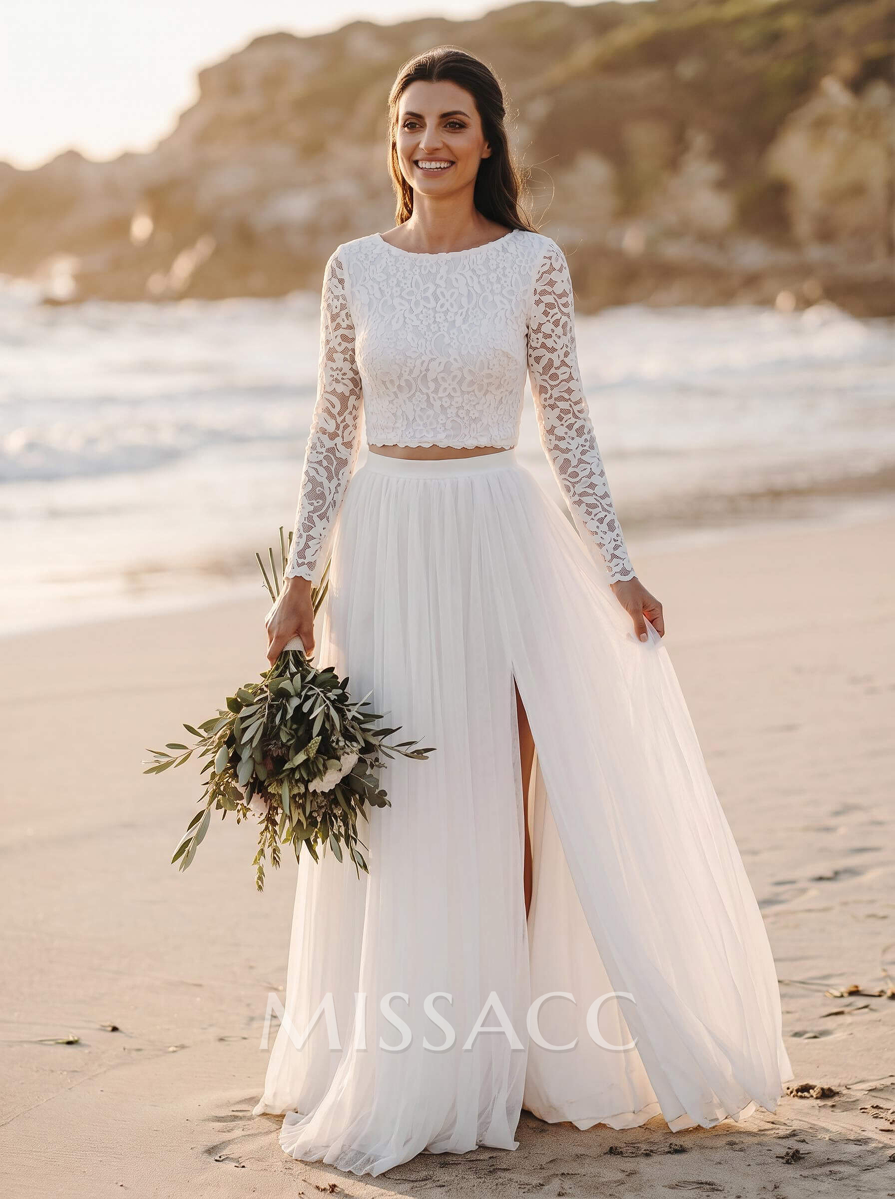 A-Line Scoop Neck Long Sleeves Lace/Tulle Wedding Dresses With Split Front A-Line Scoop Neck Long Sleeves Lace/Tulle Wedding Dresses With Split Front