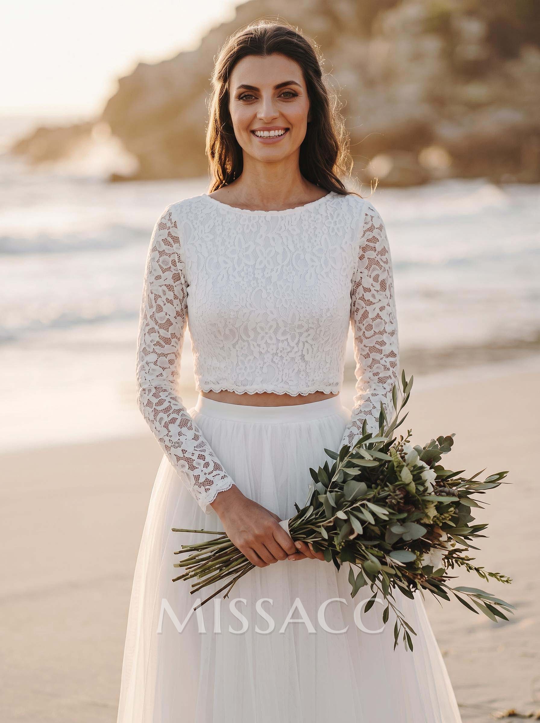 A-Line Scoop Neck Long Sleeves Lace/Tulle Wedding Dresses With Split Front A-Line Scoop Neck Long Sleeves Lace/Tulle Wedding Dresses With Split Front