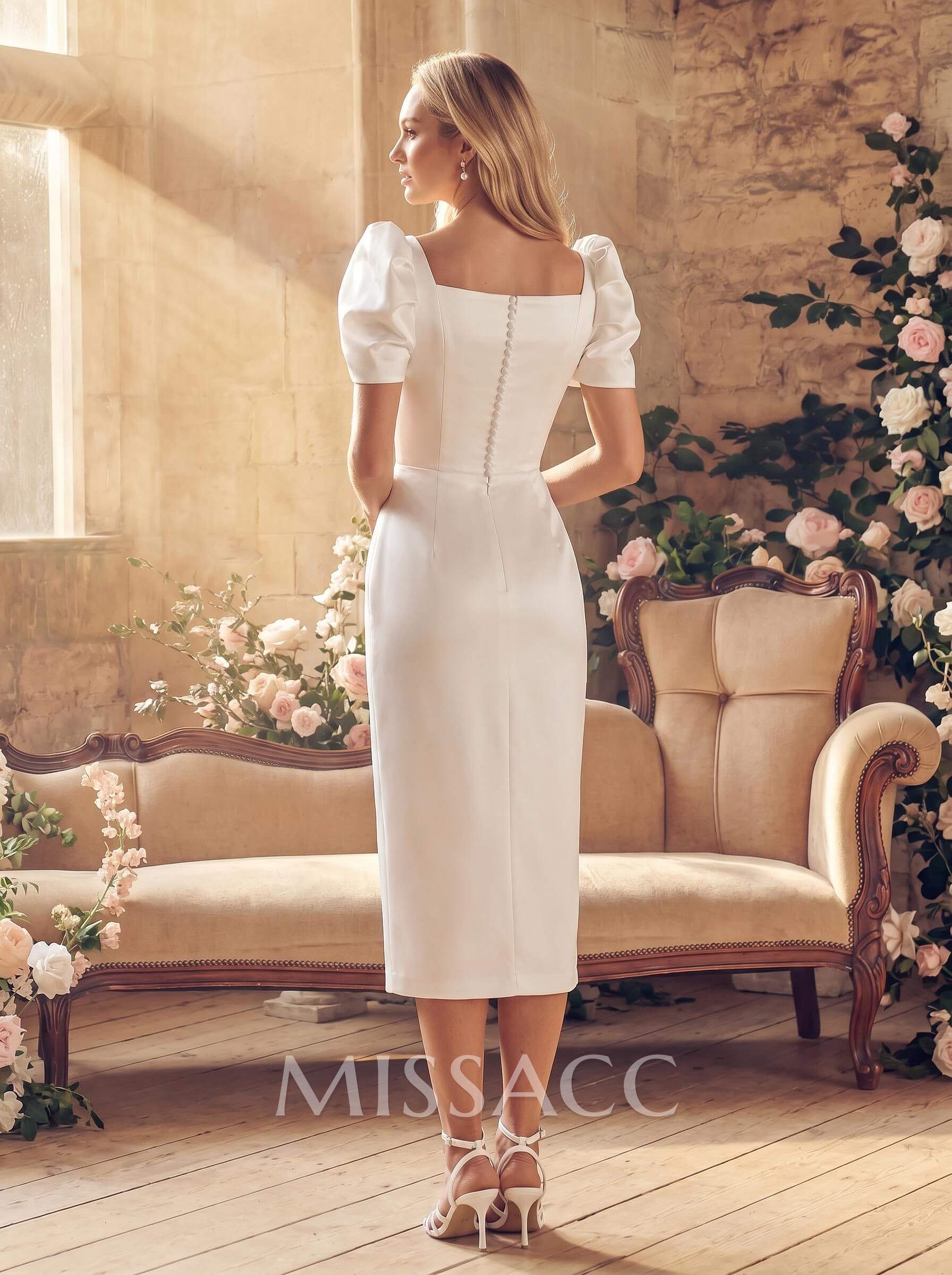 Minimalist Reception Square Neckline Satin Sheath Wedding Dresses With Short Sleeves