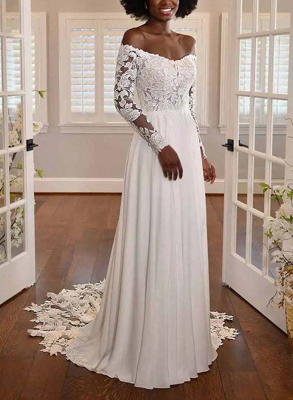 A-Line Off-The-Shoulder Long Sleeves Chiffon Wedding Dresses With Appliques Lace