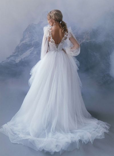 Boho Pleated Tulle Long Sleeves Lace Princess Wedding Dresses With V-Neck