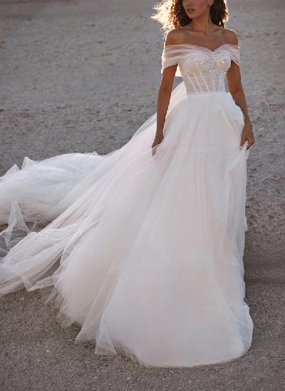 Boho A-Line Off-The-Shoulder Tulle Wedding Dresses With Sequins