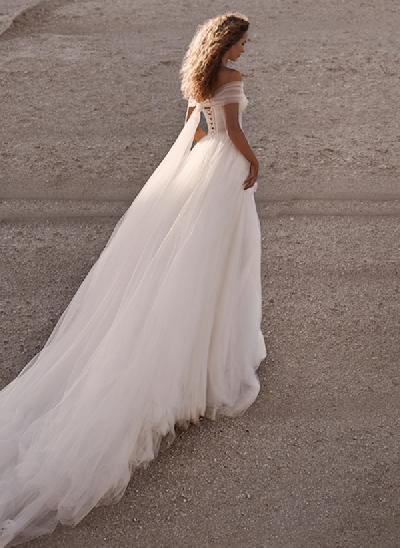 Boho A-Line Off-The-Shoulder Tulle Wedding Dresses With Sequins