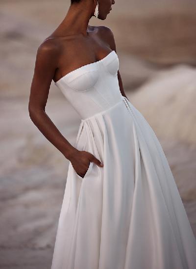 Simple A-Line Strapless Satin Wedding Dresses With Pockets