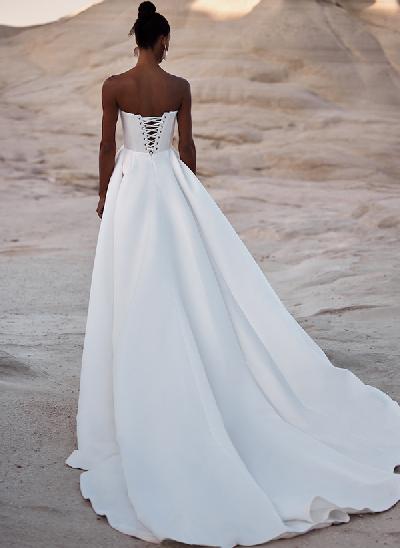 Simple A-Line Strapless Satin Wedding Dresses With Pockets