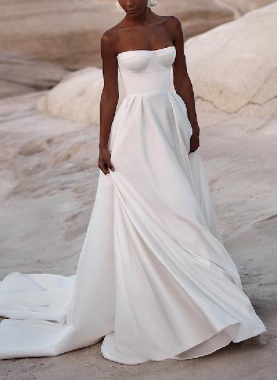 Simple A-Line Strapless Satin Wedding Dresses With Pockets