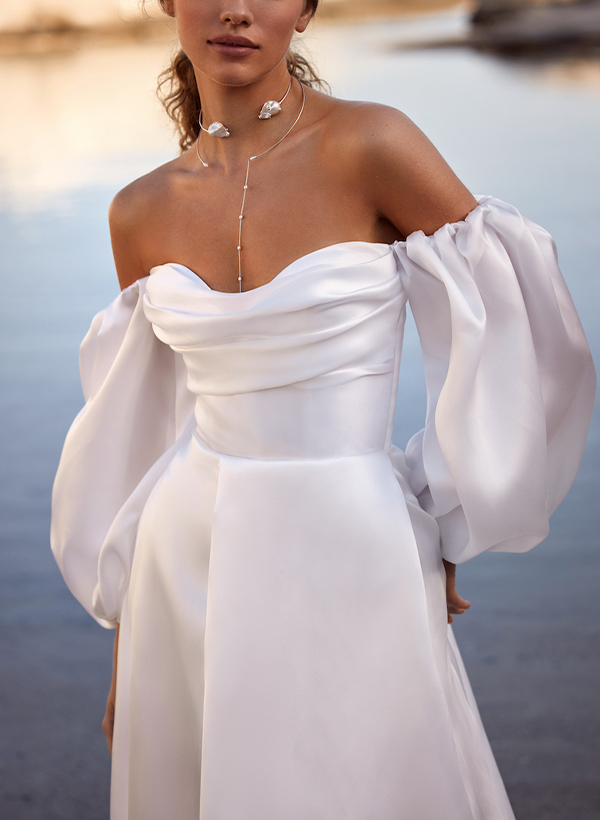 A-Line Off-The-Shoulder Long Sleeves Satin Wedding Dresses With Split Front