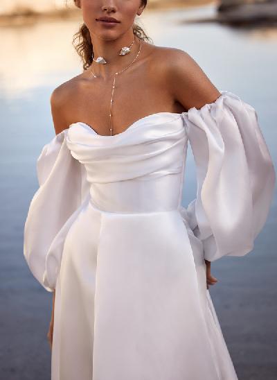 A-Line Off-The-Shoulder Long Sleeves Satin Wedding Dresses With Split Front