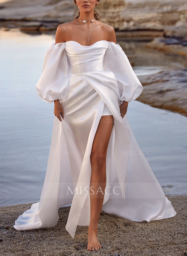 A-Line Off-The-Shoulder Long Sleeves Satin Wedding Dresses With Split Front