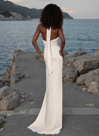 Simple Halter Sheath/Column Chiffon Wedding Dresses With Split Front/Pleated
