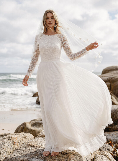 A-Line Long Sleeves Floor-Length Chiffon/Lace Wedding Dresses
