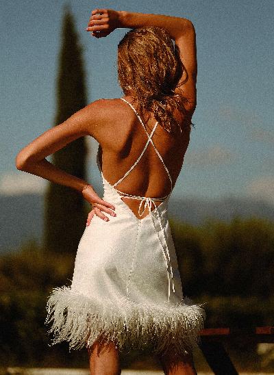 Minimalist Short Open Back Feather Wedding Dresses With Spaghetti Straps