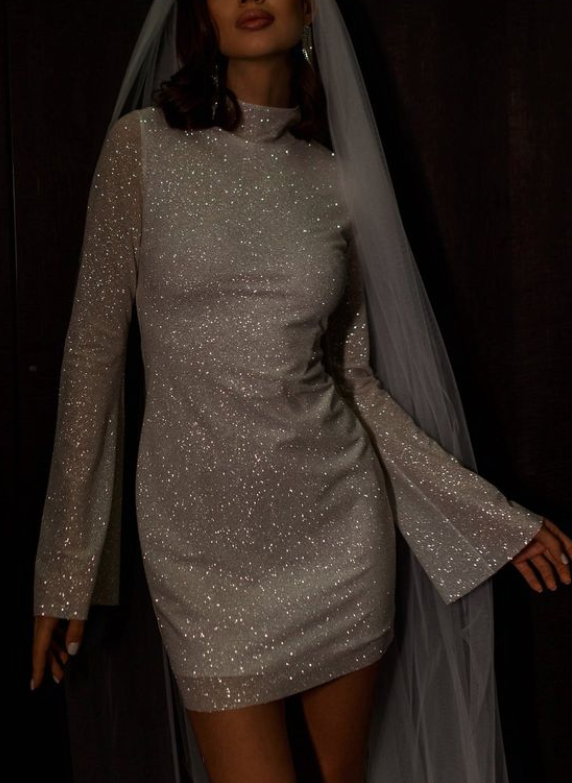 Sparkly Minimalist High Neck Long Sleeves Wedding Dresses With Sheath/Column