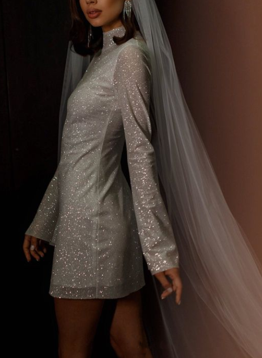 Sparkly Minimalist High Neck Long Sleeves Wedding Dresses With Sheath/Column