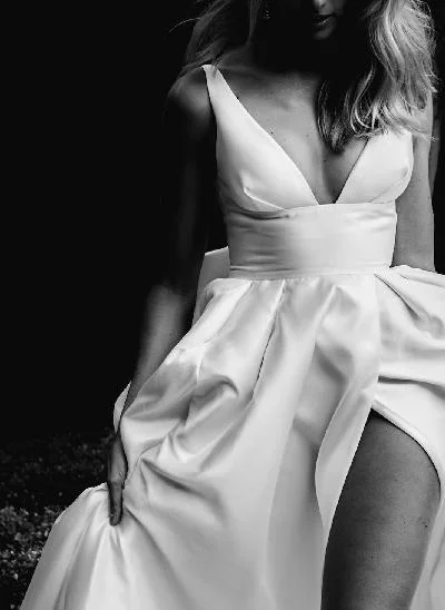 V-Neck Satin A-Line Slit Wedding Dresses With Bow