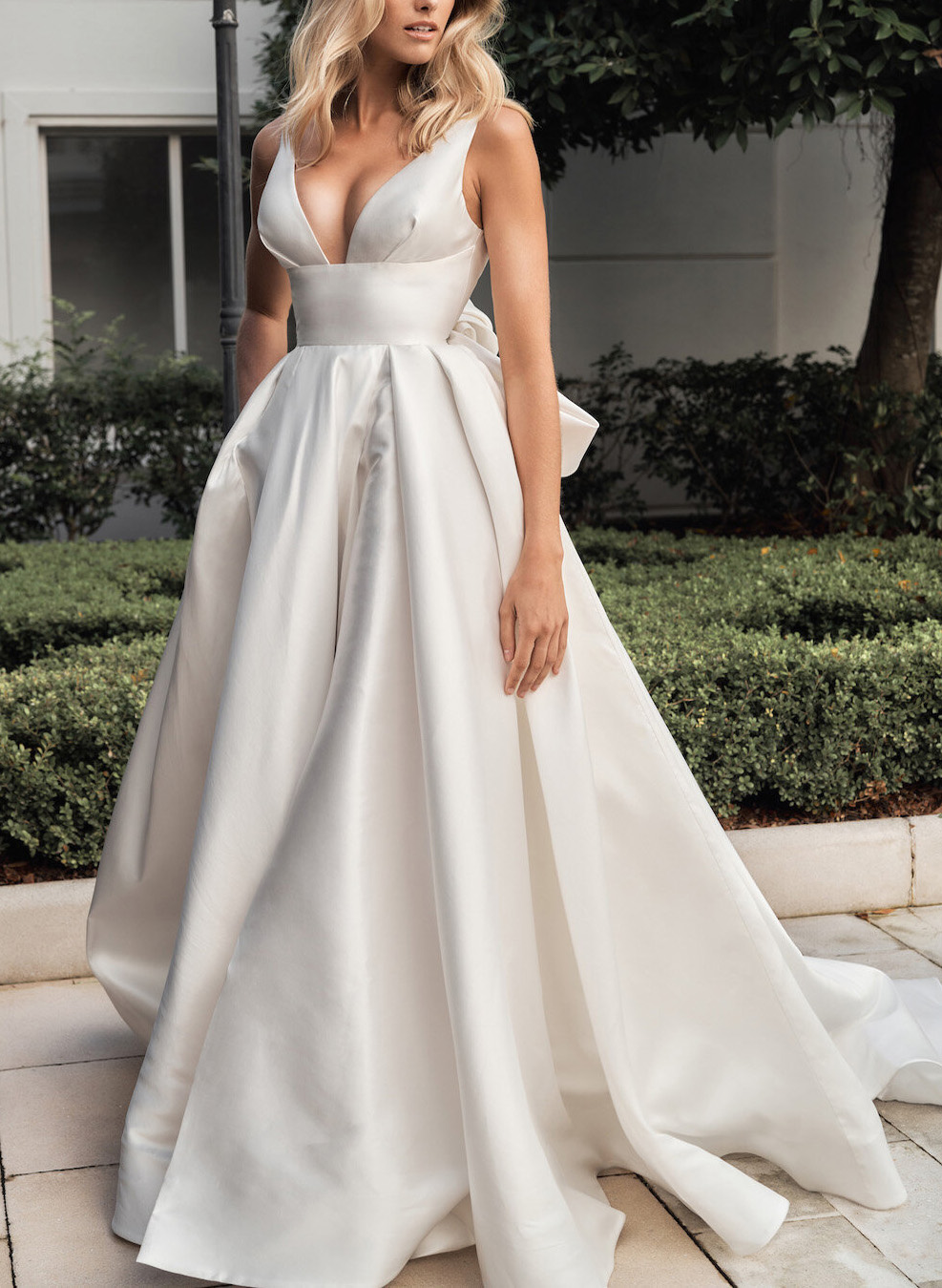 V-Neck Satin A-Line Slit Wedding Dresses With Bow
