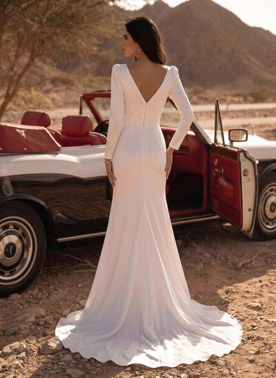Minimalist V-Neck Long Sleeves Slit Wedding Dresses With Sheath/Column