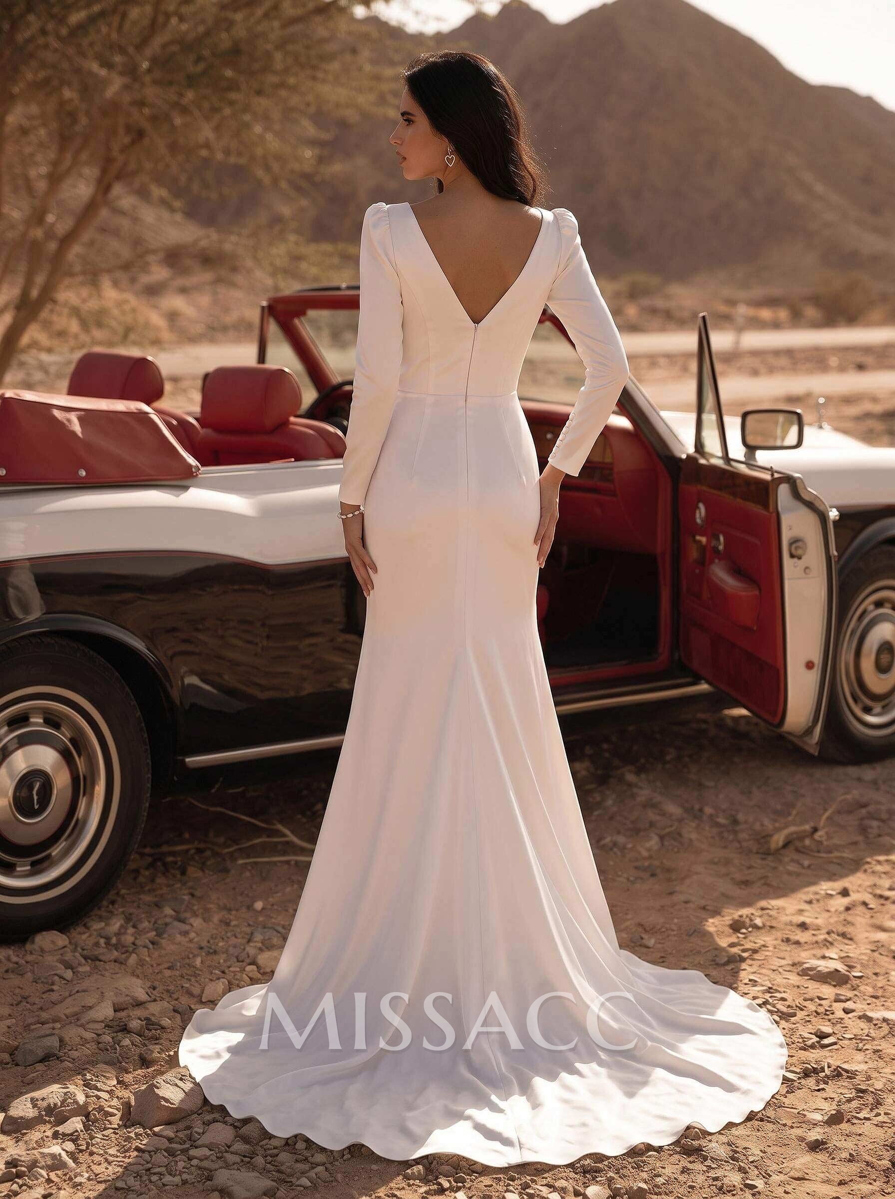 Minimalist V-Neck Long Sleeves Slit Wedding Dresses With Sheath/Column Minimalist V-Neck Long Sleeves Slit Wedding Dresses With Sheath/Column