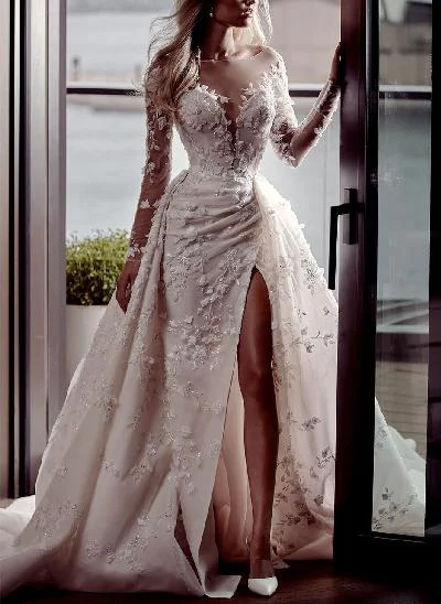 Luxury Lace Long Sleeves Slit Wedding Dresses
