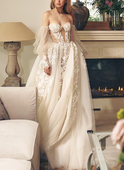 Boho Lace Tulle Off-The-Shoulder Long Sleeves Wedding Dresses