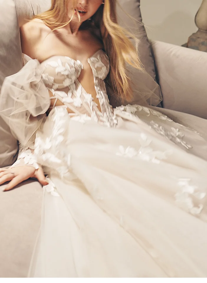boho lace tulle maxi dress Women's A Line Tulle Wedding Dresses Boho Lace Long Sleeves Wedding Go   Hebebridal