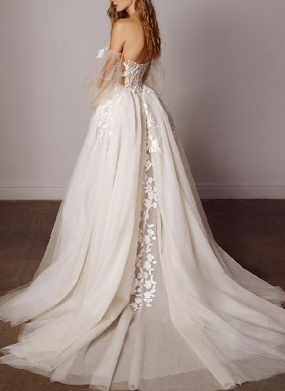 Boho Lace Tulle Off-The-Shoulder Long Sleeves Wedding Dresses
