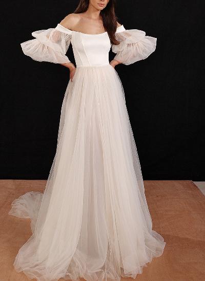 Boho Tulle Off-The-Shoulder Long Sleeves A-Line Wedding Dresses