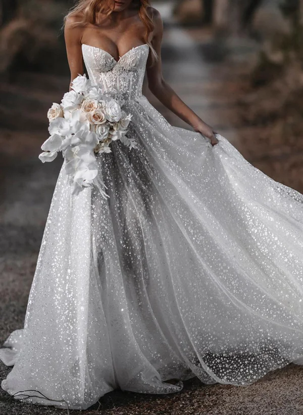 knee length dresses for ladies Shimmery Lace Bubble Sleeve Sweetheart Neck Wedding Dress main image 0
