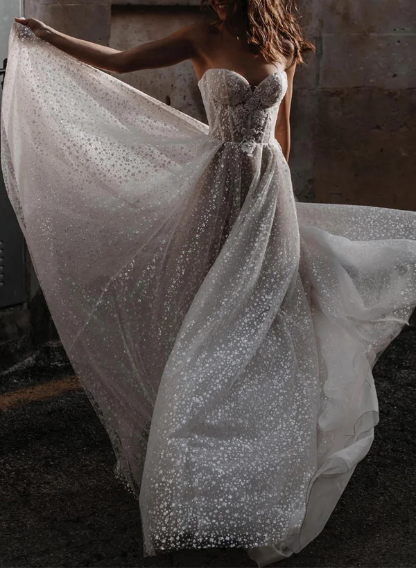 Missacc Ivory Bride Sparkly Sequined Sweetheart Lace A-Line Wedding Dresses