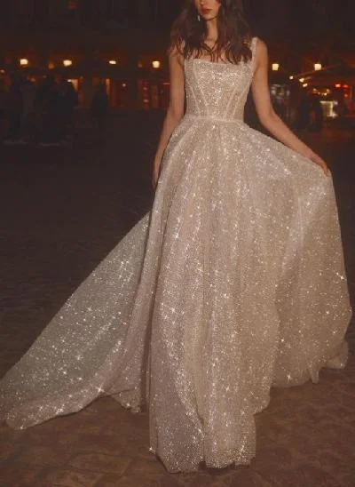 Sparkly Sequined A-Line Square Neckline Wedding Dresses