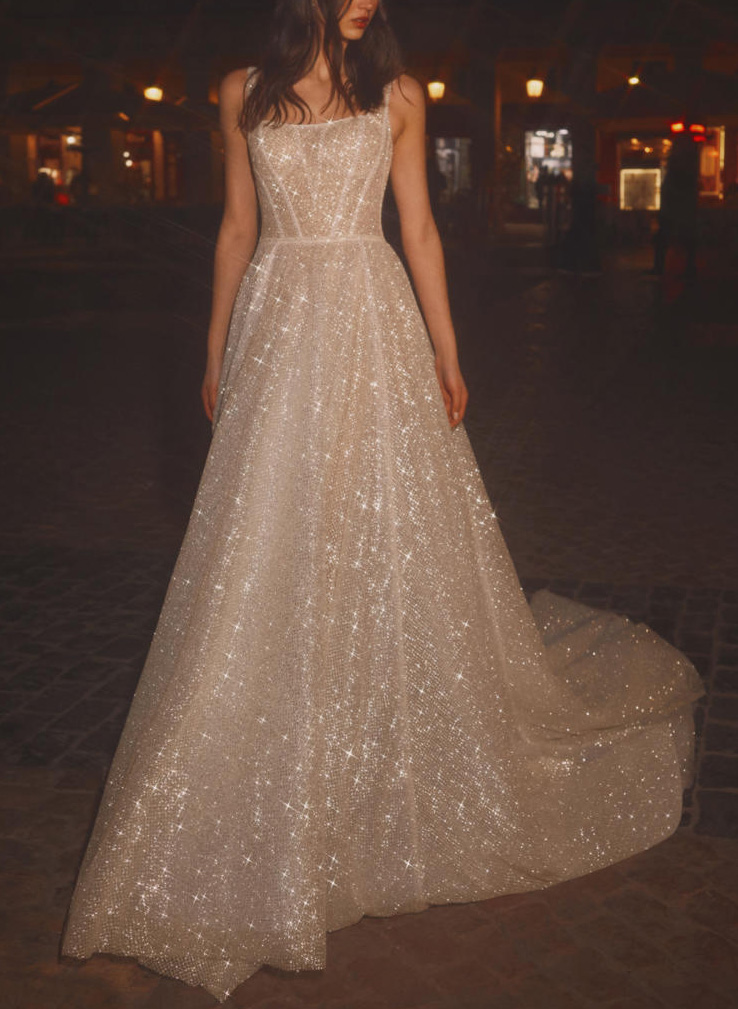 Sparkly Sequined A-Line Square Neckline Wedding Dresses