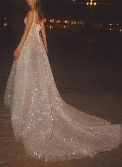 Sparkly Sequined A-Line Square Neckline Wedding Dresses